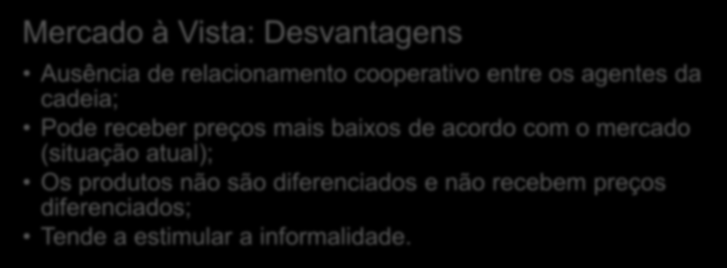 Mercado à Vista: Vantagens Liberdade de negociação; Pode receber preços mais altos de acordo com o mercado; Baixa necessidade de investimento no sistema de produção e de processamento.