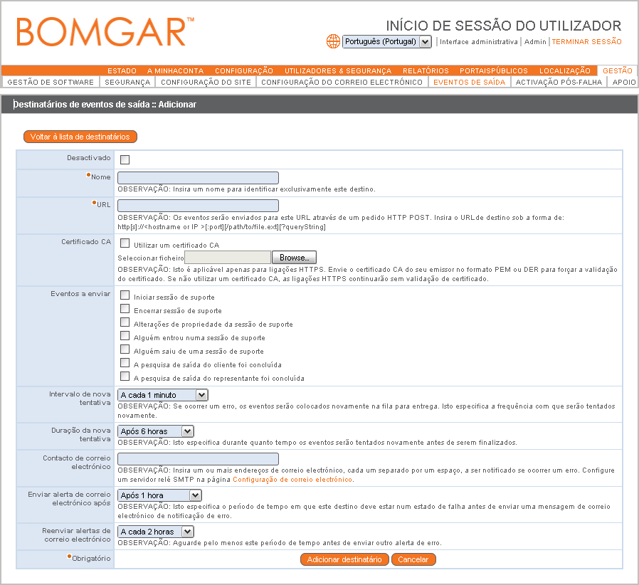 Eventos de saída Configure a sua Bomgar Box para enviar mensagens para um servidor HTTP quando ocorrerem diferentes eventos. As variáveis são recebidas como um método HTTP POST.