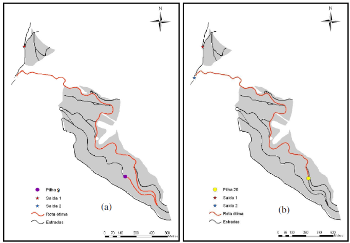 Figura 3 Rota ótima para o binômio Pilha 4 - Saída 2 (a), Rota ótima para o binômio Pilha 20 - Saída 2 (b) Assim deixa de lado a forma empírica e intuitiva, como é tratado atualmente pelas empresas.