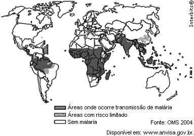 7) O mapa mostra a área de ocorrência da malária no mundo.