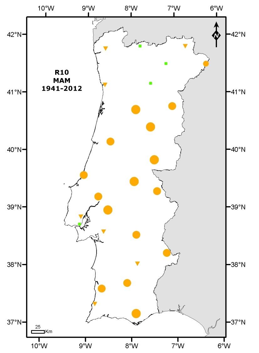 Intensidade/Persistencia Nº de dias com R>=10mm precipitação máxima acumulada em 10 dias consecutivos Os símbolos estão