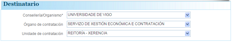 2.2.2-Receptor da factura: sempre vai ser a Universidade de Vigo. 2.2.3-Destinatario: hai que seleccionar tódolos campos precisos para que quede ben identificada a unidade que debe xestiona-lo gasto.
