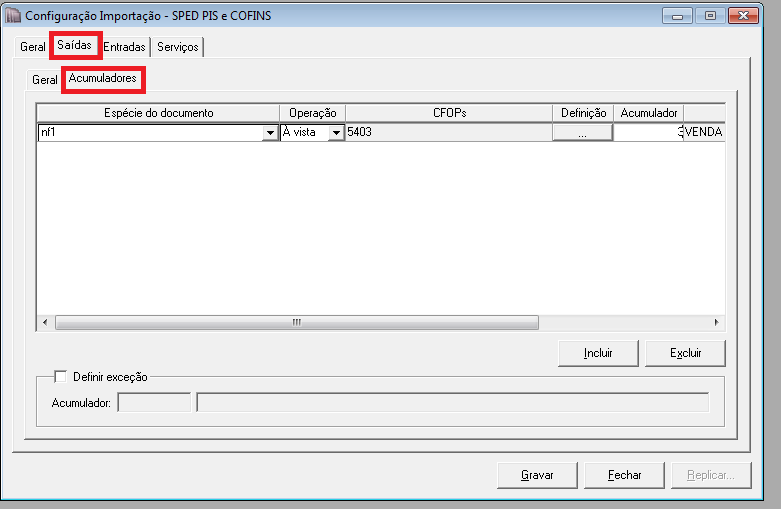 3.1- Guia Acumuladores Nessa guia será realizado um relacionamento com espécie, operação e CFOP para definir qual acumulador será utilizado nas notas importadas.