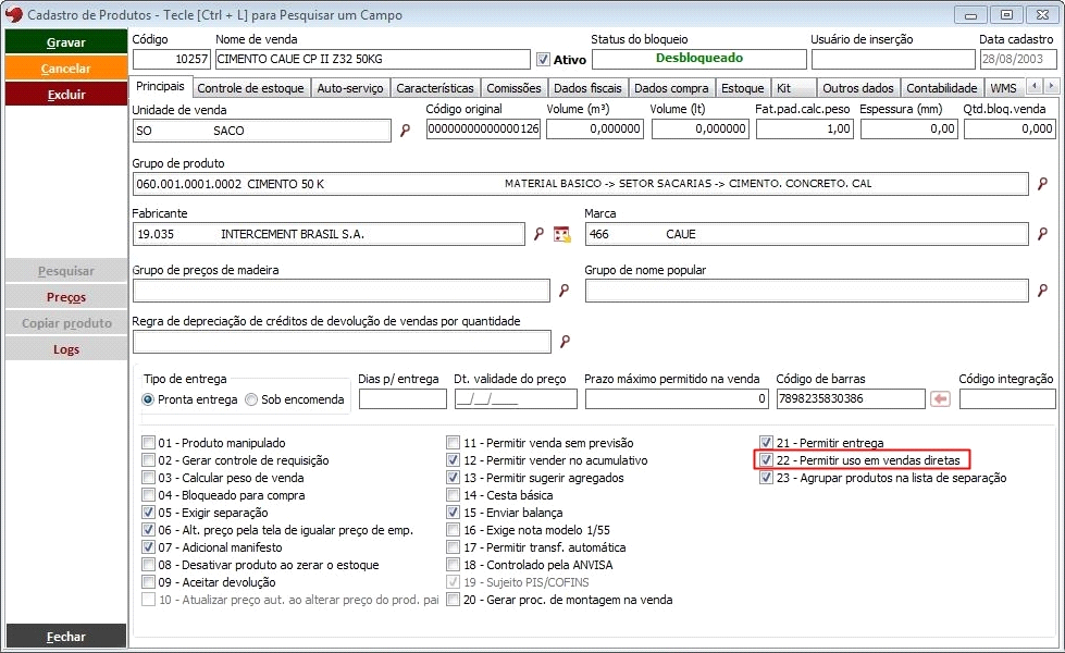 Tela Cadastros de Condições de pagamento Para utilizar a condição de pagamento em vendas diretas é preciso habilitá-la, selecionando a opção 18 - Permitir venda direta.