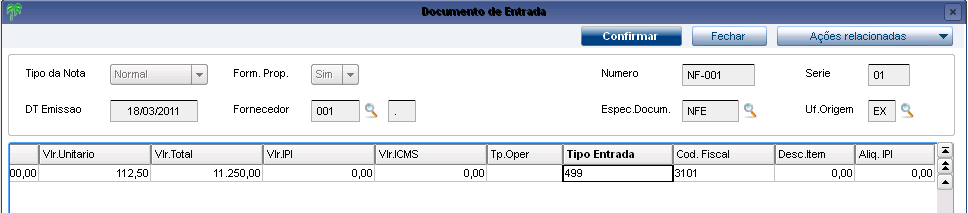 Pag. 11 Recebimento de Importação - Figura 4 9. Clique na opção Sim e o sistema apresentará uma mensagem: Recebimento de Importação - Figura 5 10. Clique em Ok.