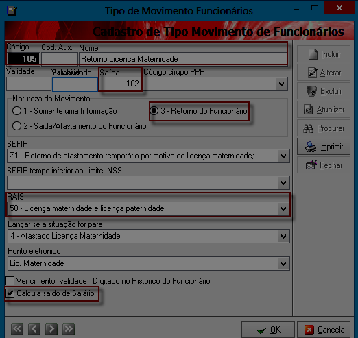 Faça no sistema as seguintes verificações: No cadastro dos afastamentos lançados na movimentação do funcionário Modulo Pessoal > Cadastros > Parâmetros > Tipos de Movimento de Funcionários Exemplo: