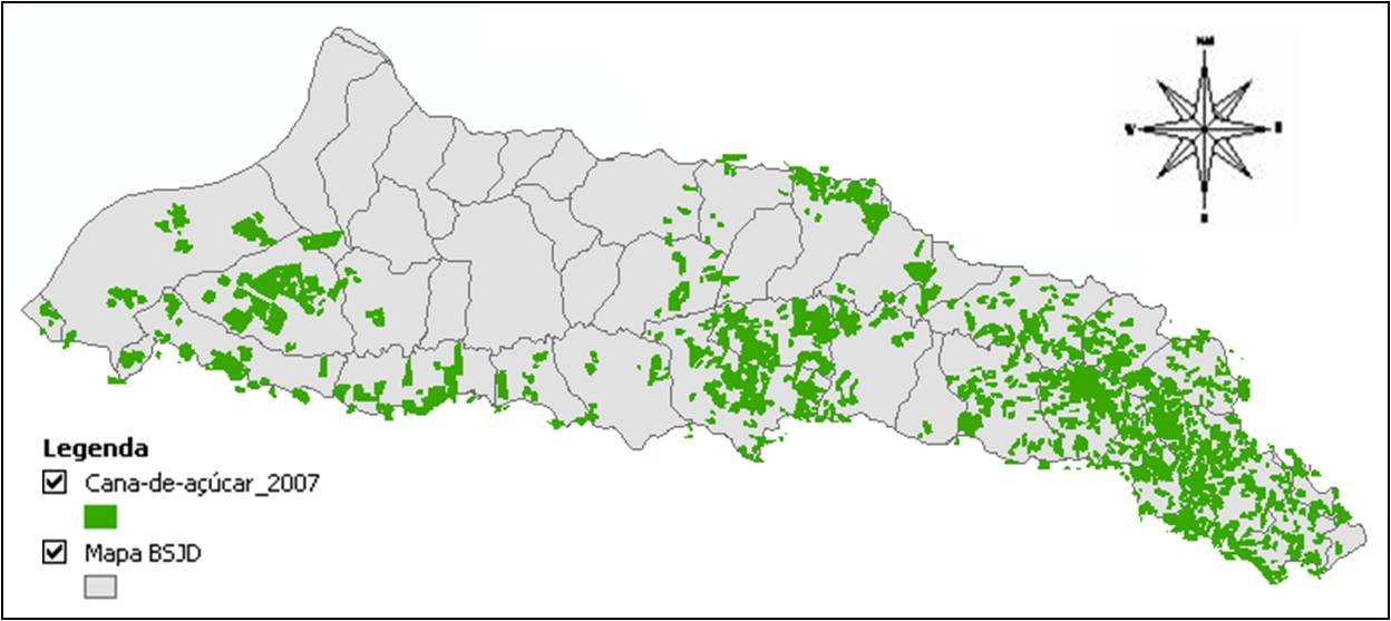 Figura 09: situação final quanto a ocupação da cana-de-açúcar Obs.: A ocupação da bacia, quanto cana-de-açúcar no ano de 2007, refere-se a plantação da cultura do ano anterior, 2006.