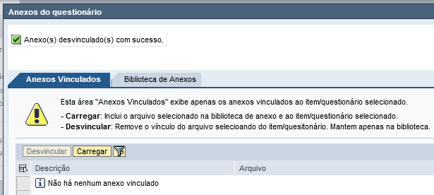 5. Para desvincular um documento do requisito, na aba Anexos Vinculados, selecione o quadrado cinza antes do nome do documento.