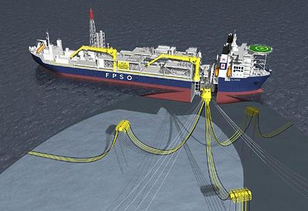 Figura 8 Exemplo de FPSO g) TLP e mini-tlp A TLP é, basicamente, uma unidade flutuante de produção ancorada no fundo do mar por cabos tracionados (pernas).