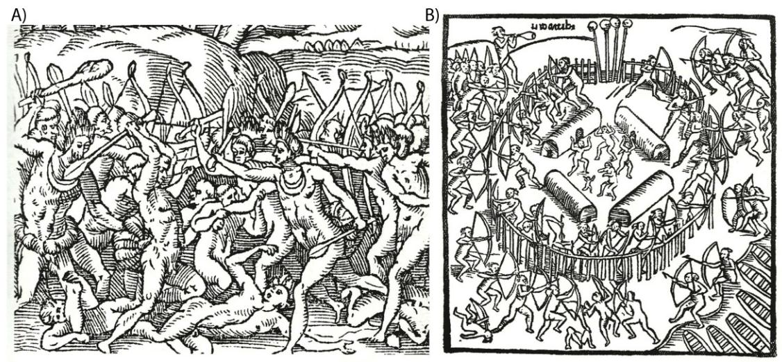38 Figura 5: A) Cena de combate corpo a corpo. Gravura André Thevet, Paris 1558 B) Cena de ataque de flechas Tupinambá, Gravura, Hans Stade. Fonte: Fernandes, 1970.