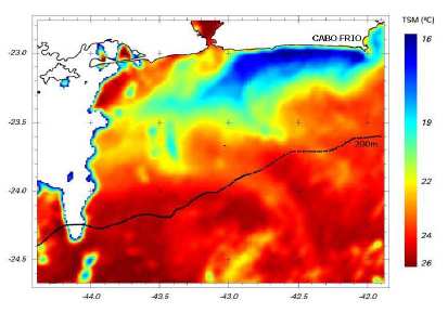 50 Figura 5 - Carta-imagem da temperatura da superfície do mar, produzidas a partir de imagens do satélite NOAA-12, mostrando o litoral do Rio de Janeiro próximo a Cabo Frio. (INPE 1999).