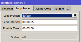 LOOP PROTECT (SETUP) /interface ethernet set # loop-protect=on loop-protect-disable-time=5m