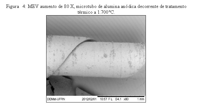 Microscopia eletrônica de varredura Na figura 4 como resultado deste experimento, o produto final que é o microtubo de alumina anódica decorrente do enrolamento da membrana como produto do tratamento