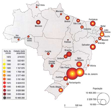 01 No mapa abaixo representa-se, através de círculos concêntricos, o crescimento da população das capitais brasileiras entre 1872 e 2000.