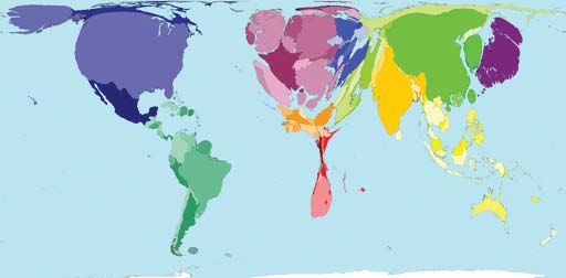 04 A técnica de anamorfose, utilizada nas figuras abaixo, representa a área de cada país de forma proporcional à grandeza considerada, no caso, a distribuição social da renda.