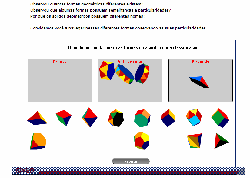 Nesta etapa, os poliedros deverão ser classificados em Prismas, Antiprismas e Pirâmides.