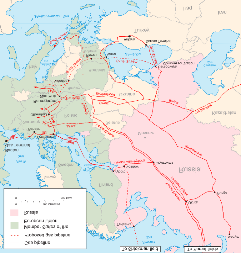 A União Europeia está longe de ser independente para suprir sua demanda de gás natural Major_russian_gas_pipelines_to_europe.
