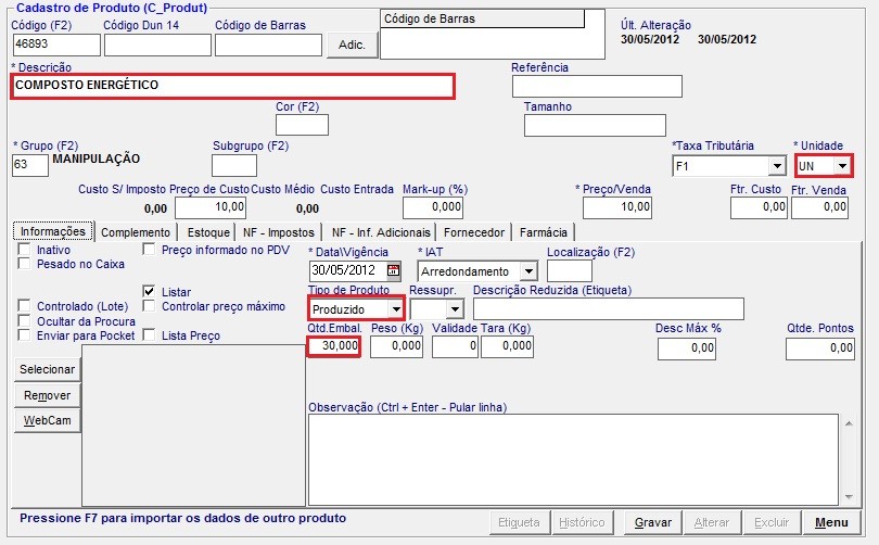 Cadastro de Produto Final Segue um Produto do tipo PRODUZIDO, para ser utilizado como Produto FINAL na Formulação. Esse será responsável pelo Estoque da Formulação.