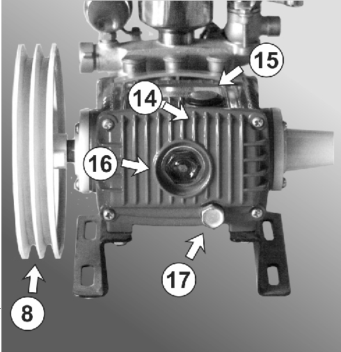 3-Informações Técnicas 1 - Câmara de ar 2 - Manômetro 3 - Saída de pressão 4 - Retorno 5 - Entrada 6 - Válvula de alívio de pressão } 7 - Válvula reguladora de pressão 8 - Polia 9 - Válvula 10 -