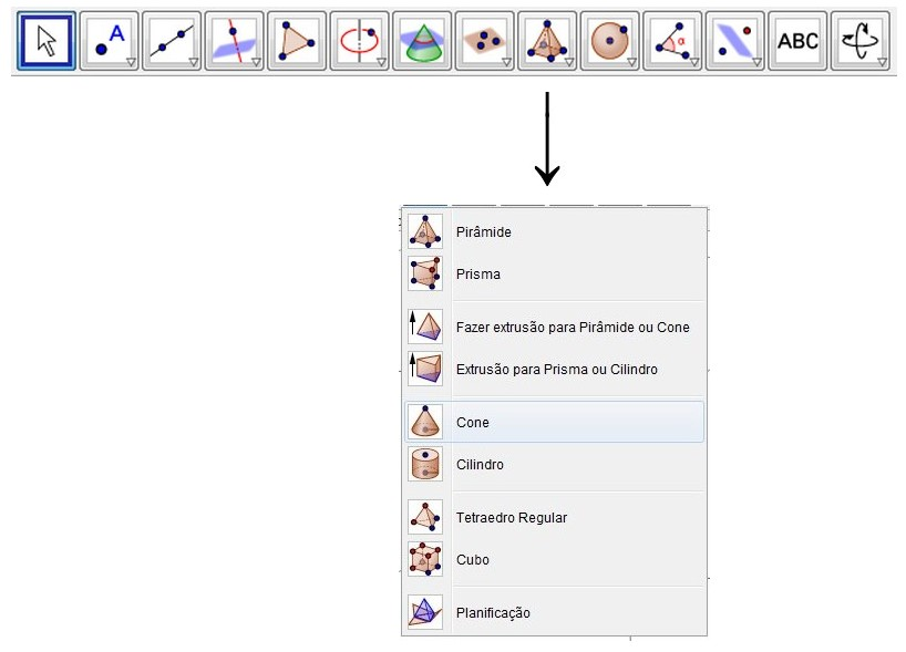 A configuração padrão da Janela de Visualização 3D inclui uma caixa, três eixos x, y e z e um plano x0y. Essa configuração pode ser alterada ao gosto do usuário.