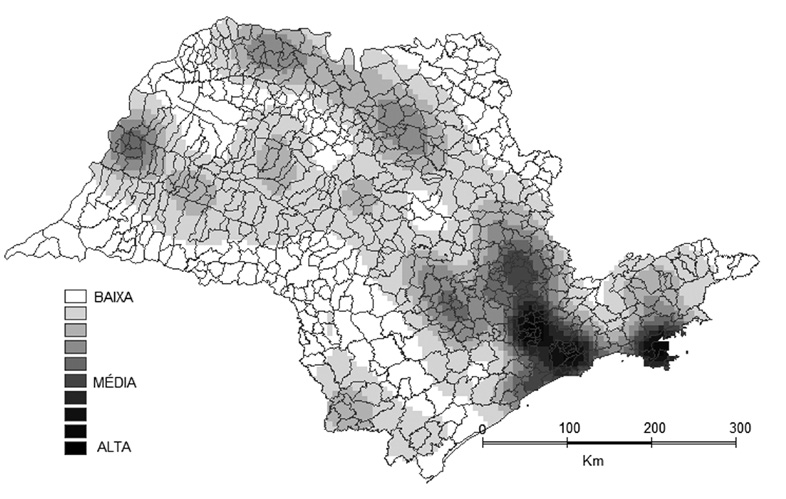 1544 Venâncio TS et al. baixa Média ALTA Figura 3A. Mapa de Kernel das taxas de incidência de tuberculose em crianças de 0 a 14 anos, no período de 2001-2005, estado de São Paulo, 2001-2010.