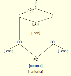 26 Lingüística 27, junio 2012 Figura 3: Geometria de traços da africada /ts/ Por fim, tem-se a passagem do segmento de contorno /ts/ para a fricativa /S/.