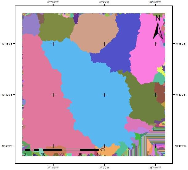 (A) (B) (C) (D) Figura 1 Processo de determinação dos limites da bacia do rio Japaratuba a partir do Modelo Digital de Elevação.