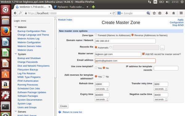 Devem ainda criar uma zona reversa, usada para traduzir os IPs em nomes. Para isso basta carregar novamente em Create master zone (dentro do menu Bind DNS Server) e preencher os campos solicitados.