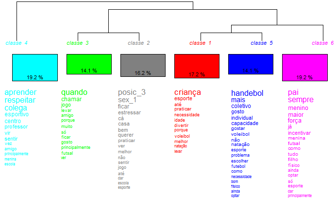 Figura 1- Classificação dos grupos por palavras Por meio da análise de similitude foi possível escolher alguns parâmetros para a construção da árvore de coocorrências entre as palavras, e seu
