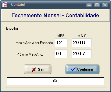 Clique em: Arquivos --> Contabilidade --> Fechamento Mensal da Contabilidade Uma tela como esta deve ser aberta: Informe o Ano e Mes a ser Fechado. Informe o Ano e Mes a serem Abertos.