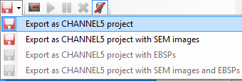 5.0 Encerrando a operação do EBSD 5.1 Ao terminar o mapeamento pressionar o botão Export the dataset as a CHANNEL5 project e exportar o mapa gerado para ser aberto com o programa CHANNEL5. 5.2 No controle HKL Nordlys pressionar o botão STOP para destravar o movimento do detector.