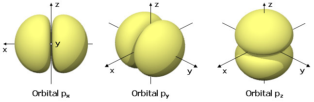 A forma geométrica dos orbitais p é a de duas esferas acatadas até o ponto de contato (o núcleo atómico ) e orientadas segundo os eixos de