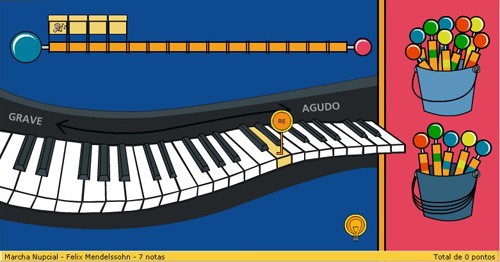 Figura 1: Tela do Jogo do Piano Figura 2: Animação na Tela Se o usuário desejar, pode tocar novamente todo o trecho a ser identificado clicando na bola azul à esquerda ou, colocando o mouse sobre uma