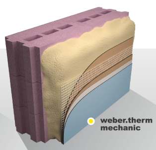 Exemplo 1 Fachada com área elevada de cantarias Solução possível: aplicação de isolamento térmico pelo interior. weber.therm mechanic 1. Reboco isolante, em espessura até 8cm weber.