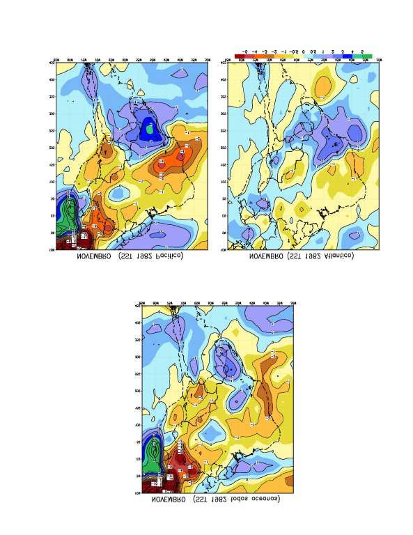 Fig. 2 Anomalias médias diárias de precipitação (em mm) em novembro de 1982, obtidas da integração de modelo com (a) TSM observada