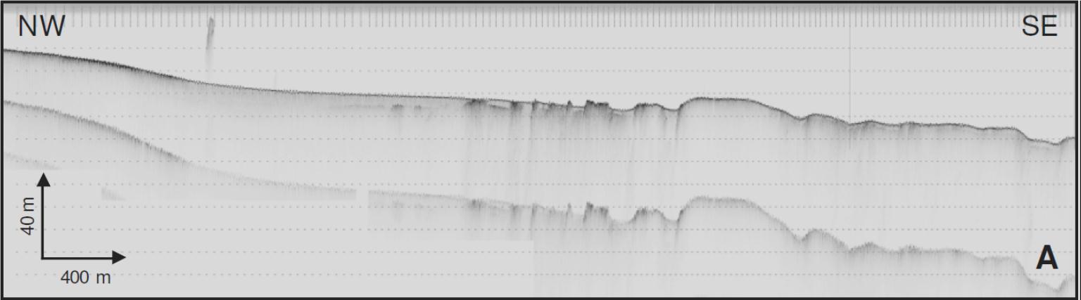 sedimentar com geometria em drape sobre um fundo ondulado, cobertura essa que não ultrapassa 2 metros de espessura.