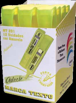 Marca texto ADECK Caixa: 12 unidades Ponta: chanfrada R$ 8,16 Ref. MT 101 - amarelo Caixa master: 48 dz. Ref. MT 102 - verde Caixa master: 24 dz. Ref. MT 103 - rosa Caixa master: 24 dz. NCM: 9608.20.