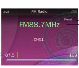 9.1. Interface principal FM Interface principal FM abaixo indicado: Modo Frequência Número de canal guardado Frequência mais baixa Sinal Frequência elevada Estéreo 9.