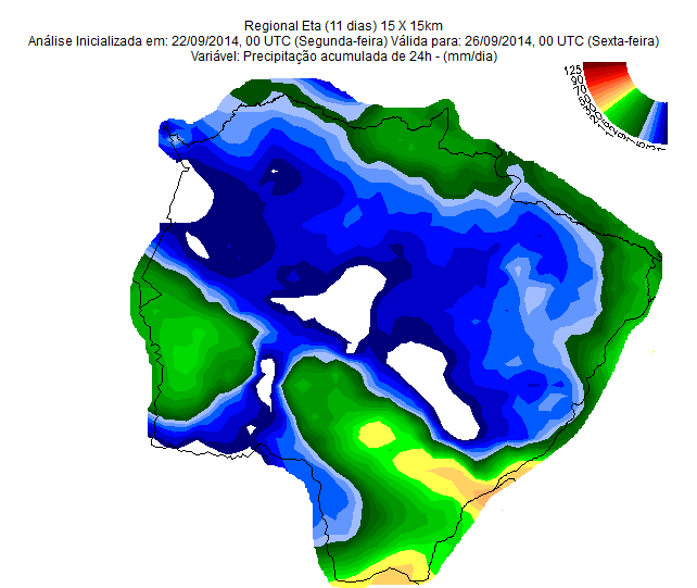 No mapa 2 observa-se que durante a semana de 15 a 22 de setembro de 2014, ocorreram precipitações em todo estado.