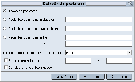 7.1 Relação de pacientes Você pode imprimir listagens específicas de pacientes pelo ícone ou pelo menu Imprimir > Relação de pacientes.