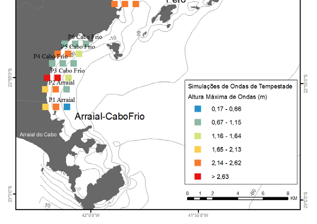 Ondas (m) Direção (ºN) Período (s) Velocidade do Vento (m/s) Direção do Vento (ºN) Duração (hs) Máxima 4,7 247,5 16,0 27,0 337,5 105,0 Média 3,2 179,0 11,6 11,2 145,1 36,2 Mínima 2,2 112,5 6,0 1,0