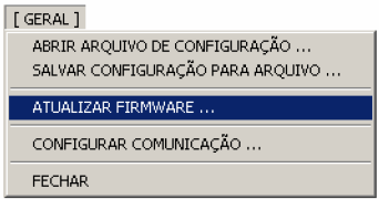 Para atualizar o firmware de um módulo Pégasus GPRS Pocket, clique na opção ATUALIZAR FIRMWARE DO MÓDULO... do menu [ GERAL ]. Importante!