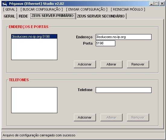 Zeus Server Primário. Nesta Aba de Configuração, iremos configurar o Endereço IP e a Porta do computador onde esta instalado o Software Zeus Server.