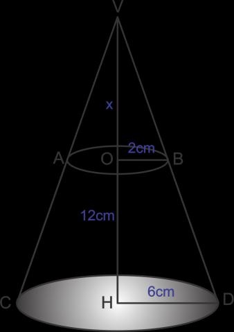 - Um recipiente em forma de tronco de cone reto de bases paralelas foi projetado de acordo com o desenho ao lado com altura igual a cm e raios das bases iguais, respectivamente a cm e 6 cm.