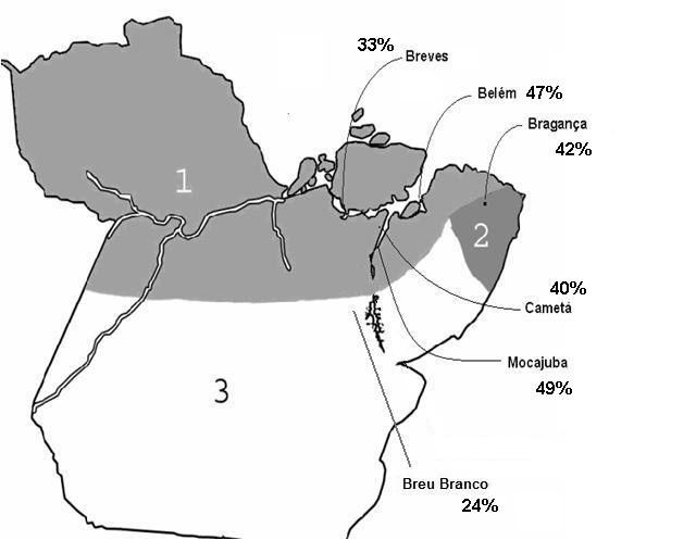 CRUZ. Alteamento vocálico das médias pretônicas... - p. 192-218 zona bragantina, que vai do nordeste ao extremo leste do Estado, sendo que os principais municípios são Bragança (PA) e Castanhal (PA).