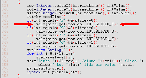Tabela 5.1: Alguns comandos do JBits. Comando Descrição JBits jbits Criar instância de JBits para posterior uso dos métodos JBits jbits.read("entrada.bit") Abrir um bitstream jbits.get(row, col, LUT.