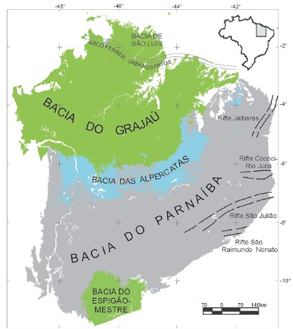 A espessura sedimentar alcança cerca de 3.