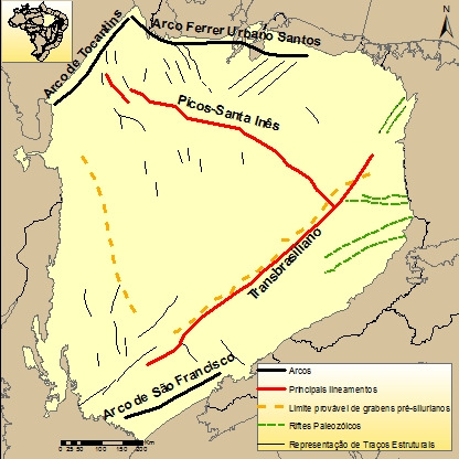 As evidências do Lineamento Picos-Santa Inês não são tão explícitas quanto às do Transbrasiliano; entretanto, se refletem em uma série de alinhamentos orientados para noroeste que possivelmente