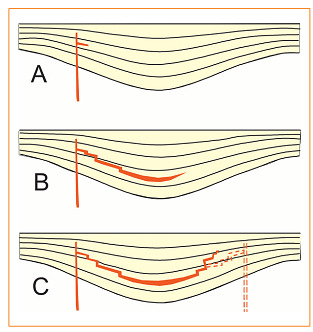 extrusivos. Tais informações são importantes em estudos sobre recursos petrolíferos e hidrogeológicos. Figura 3-1: Diagrama de ilustração do mecanismo de intrusão de uma soleira de diabásio.