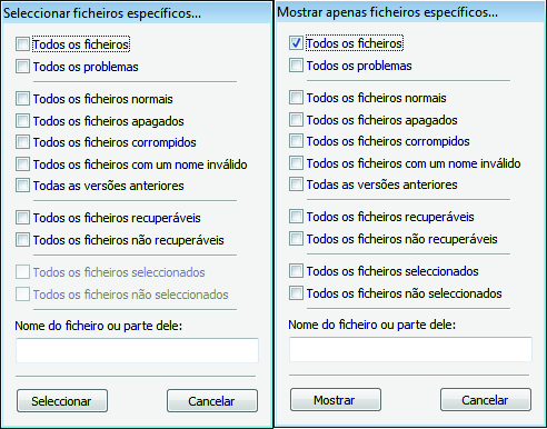 Ecrã de Ficheiros Encontrados Recuperar todos os ficheiros para um único directório Recupera todos os ficheiros para o directório que definiu na janela Procurar Pasta.